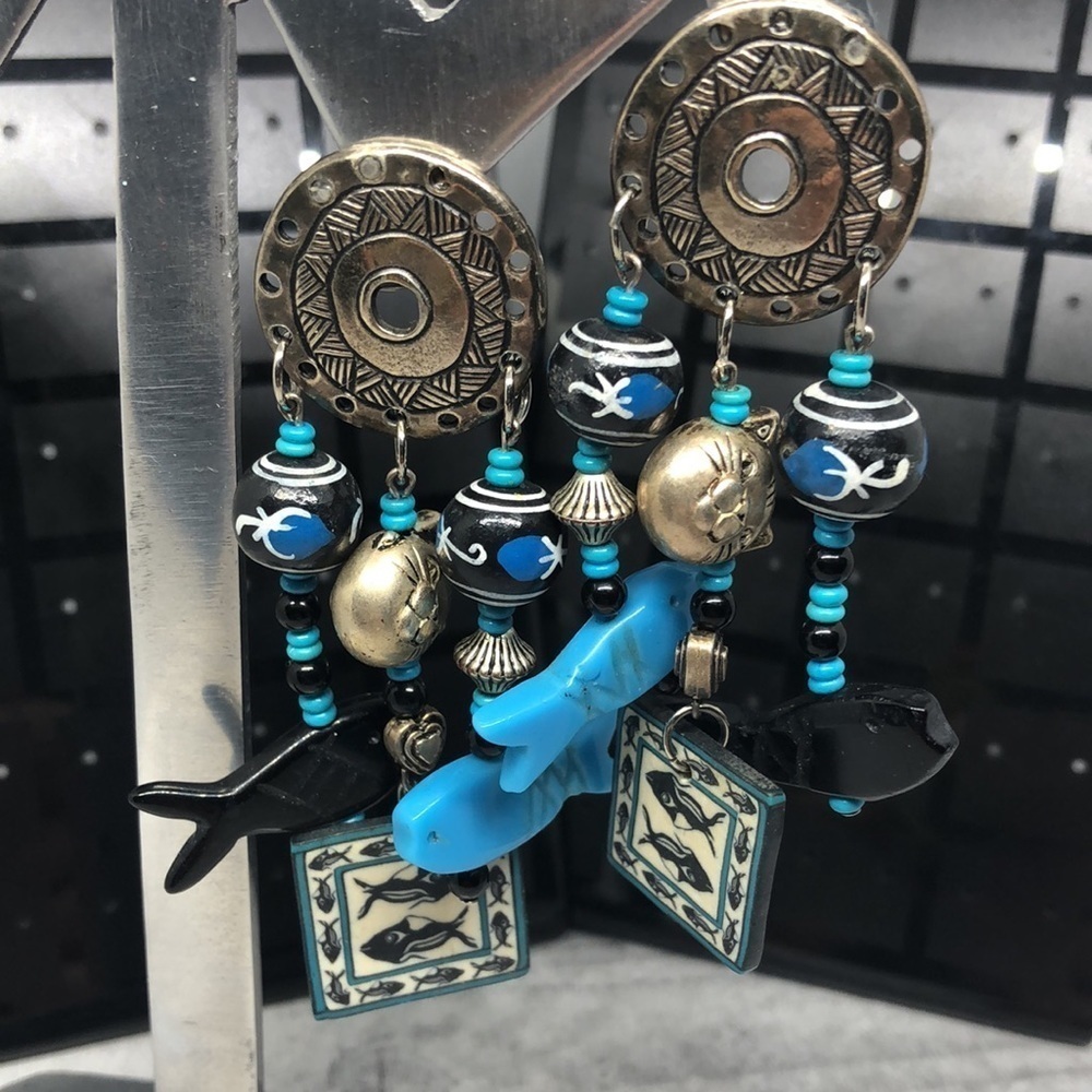 Vintage long statement festival  fun charm earrings fish and cat whimsy dangle.